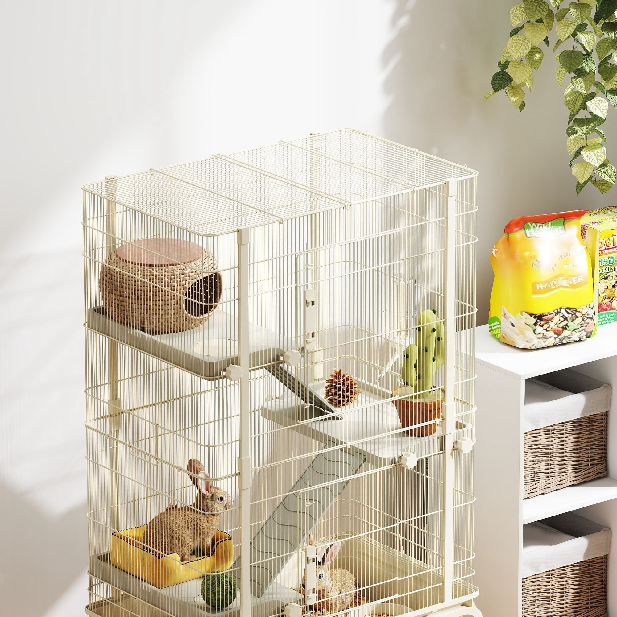 Cage mobile hamster rongeur furet 4 niveaux - 2 portes 3 rampes bac profond roulettes gamelle biberon - 69 x 44 x 120 cm - beige