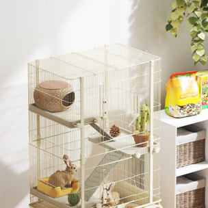 Cage mobile hamster rongeur furet 4 niveaux - 2 portes 3 rampes bac profond roulettes gamelle biberon - 69 x 44 x 120 cm - beige