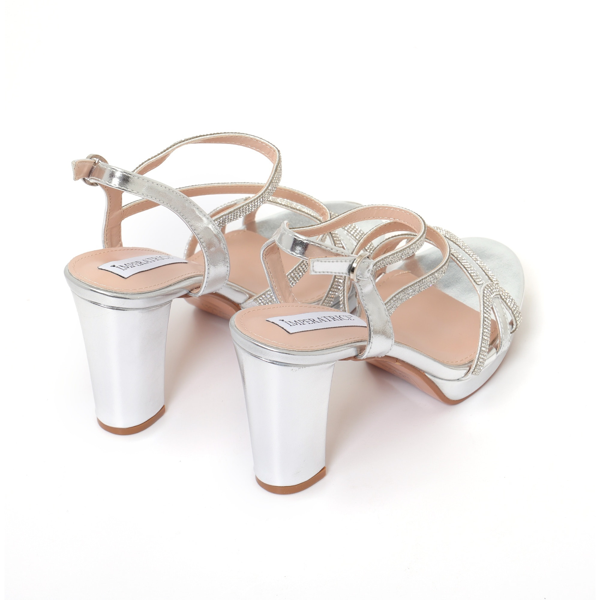 Sandali in simil pelle con tacco alto comodo e fasce ricoperte di strass