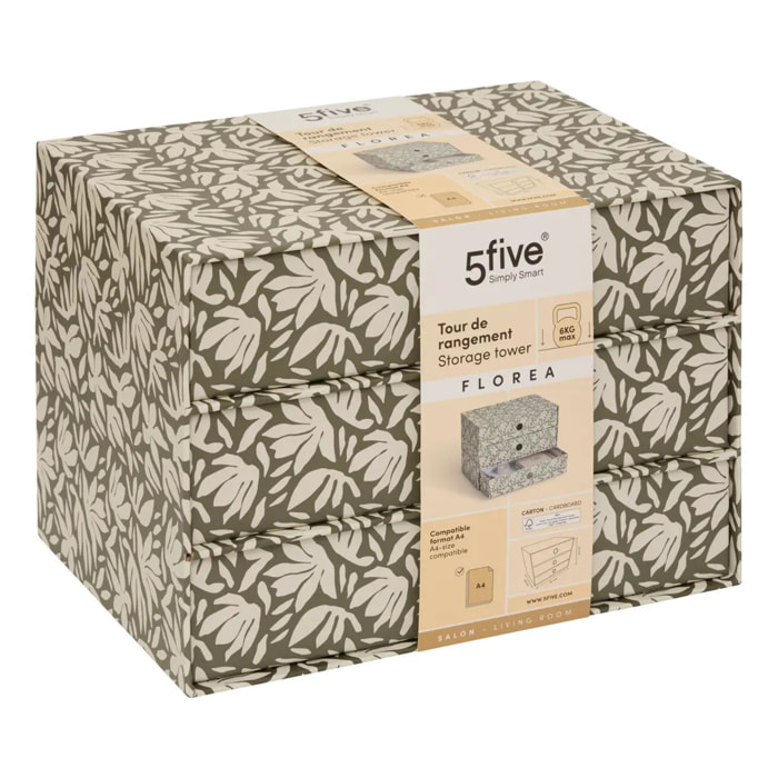 Tour rangement 3 tiroirs Florea motif fleuri vert laurier