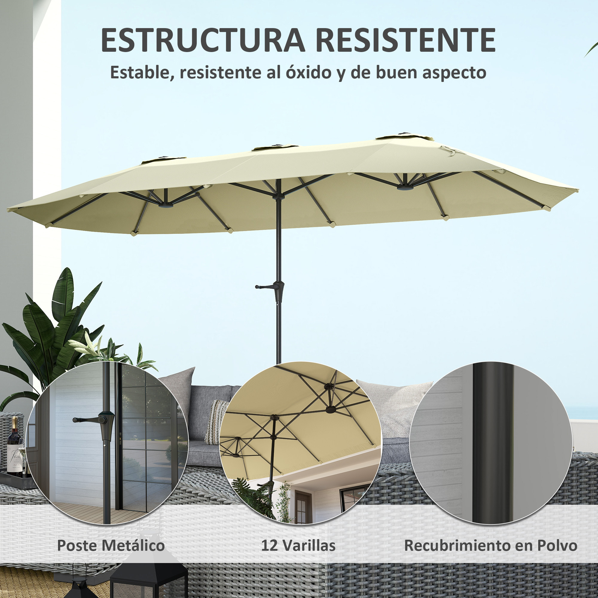 Sombrilla Doble 4x2,2 m Sombrilla Terraza Exterior con Manivela Manual Impermeable y Protección UV30+ Parasol Grande para Terraza Playa Piscina Crema