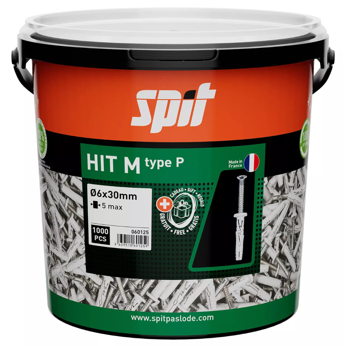 Cheville à frapper HIT-M P tête plate en nylon et clou-vis zingué - Seau de 1000 pièces - SPIT - 060125