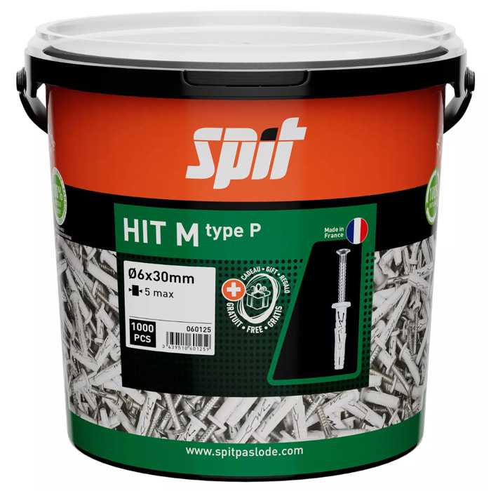 Cheville à frapper HIT-M P tête plate en nylon et clou-vis zingué - Seau de 1000 pièces - SPIT - 060125