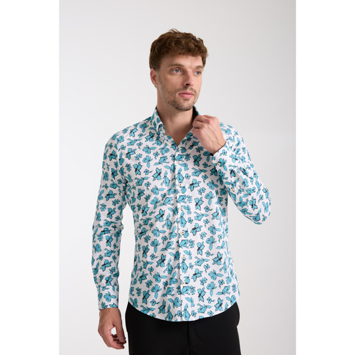 camicia uomo 1 bottone button down slim Popeline Stampato Bianco Verde Ottanio