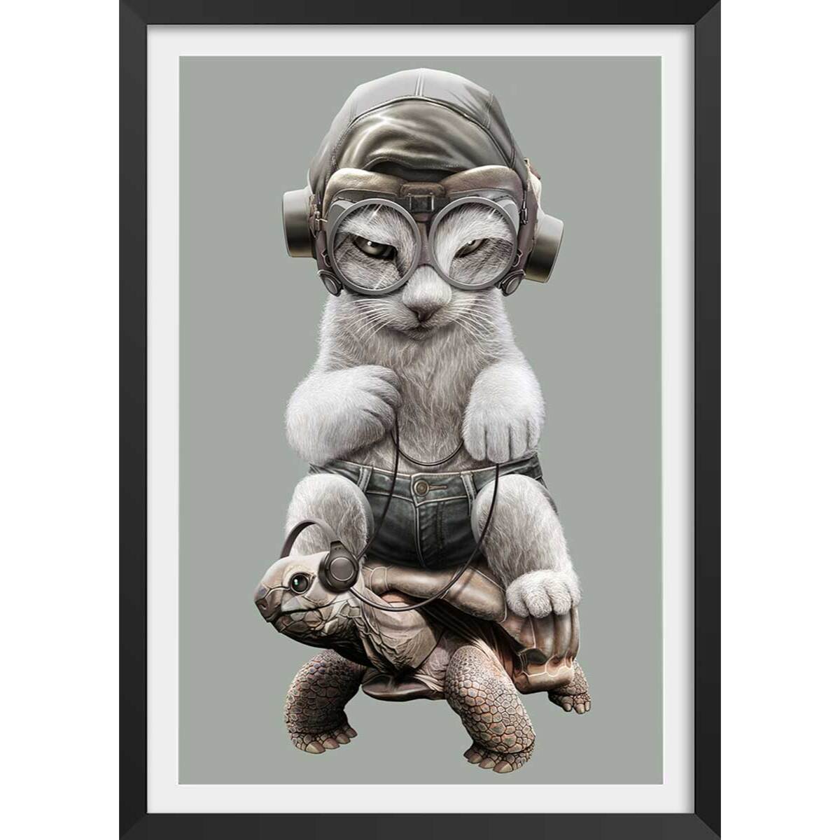 Affiche enfant chat sur une tortue  Affiche sous cadre noir