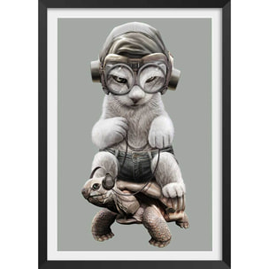 Affiche enfant chat sur une tortue  Affiche sous cadre noir