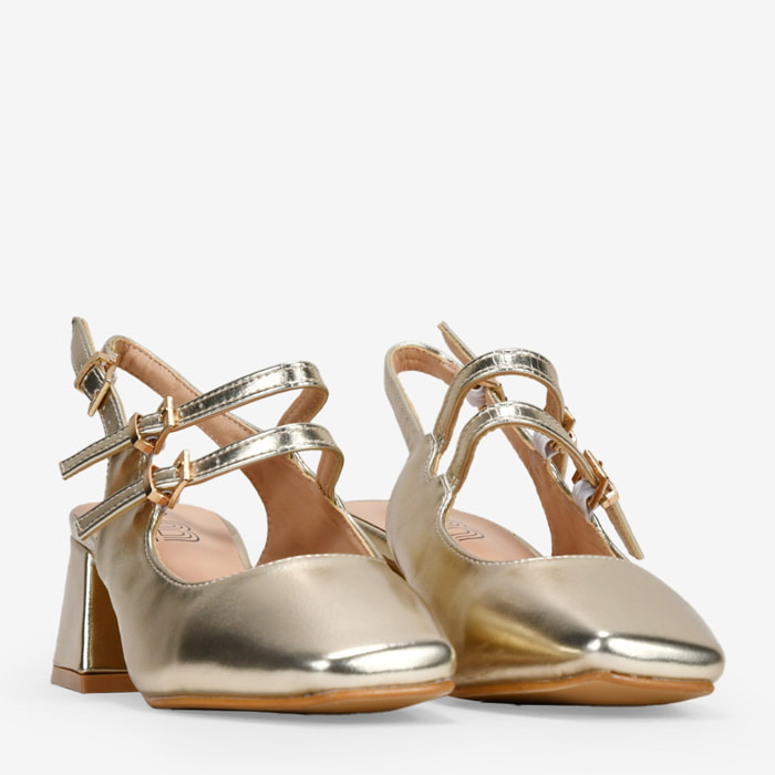 Zapatos Mary Jane dorados destalonados con doble tira y tacón