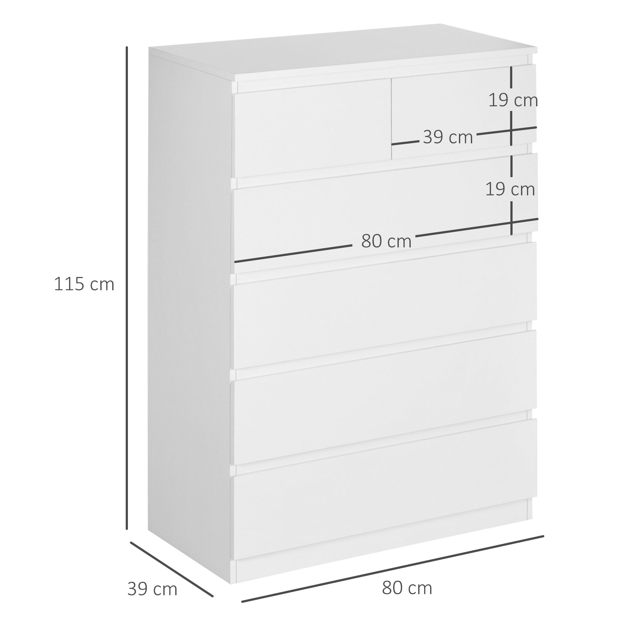 Commode 6 tiroirs style contemporain dim. 80L x 39l x 115H cm poignées invisibles blanc