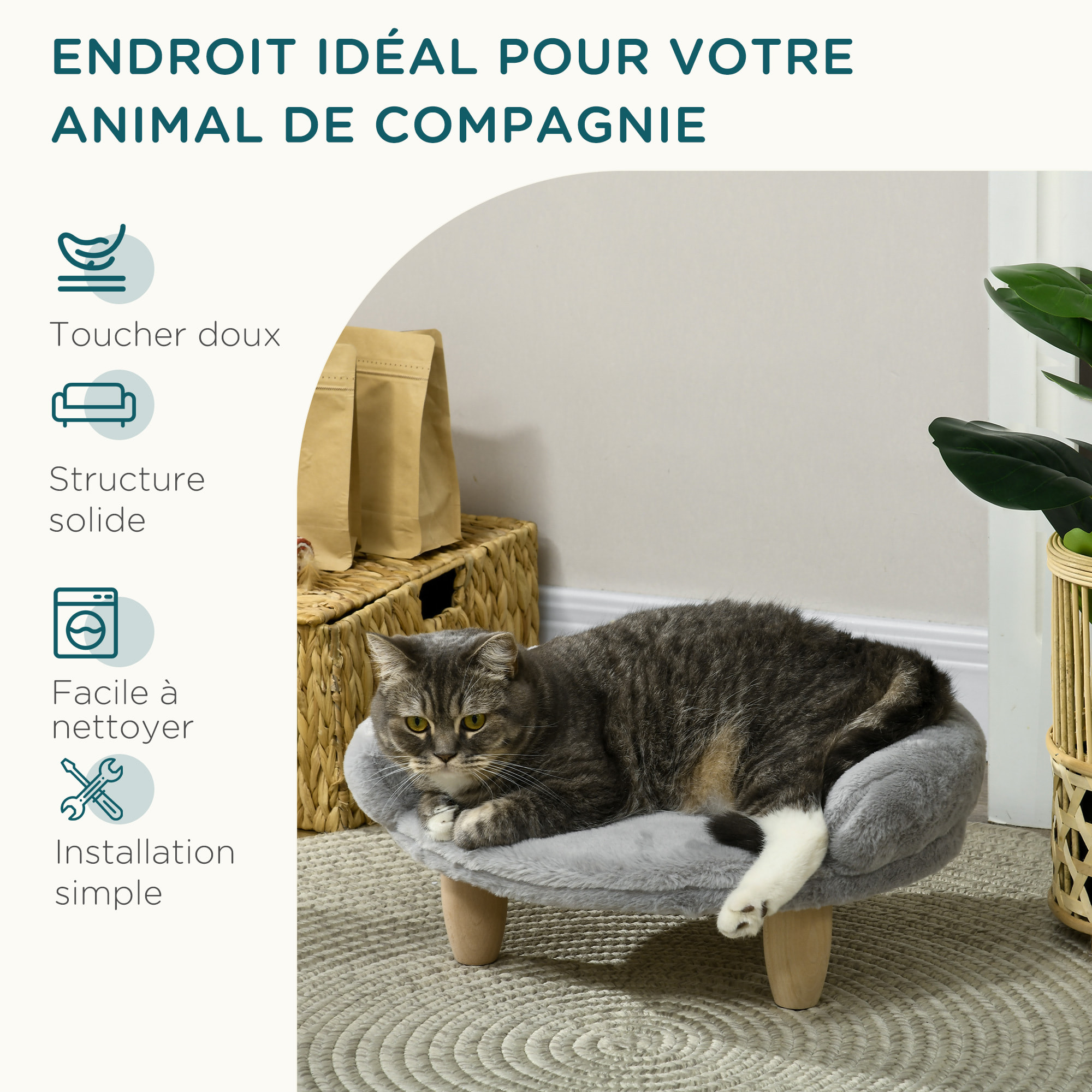 Canapé panier chien ou chat design scandinave housse amovible pieds en bois peluche douce gris