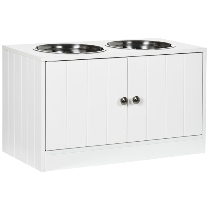 Gamelle double chien chat - porte-gamelles surélevé armoire 2 en 1 - 2 portes, 2 gamelles - acier inox. MDF blanc