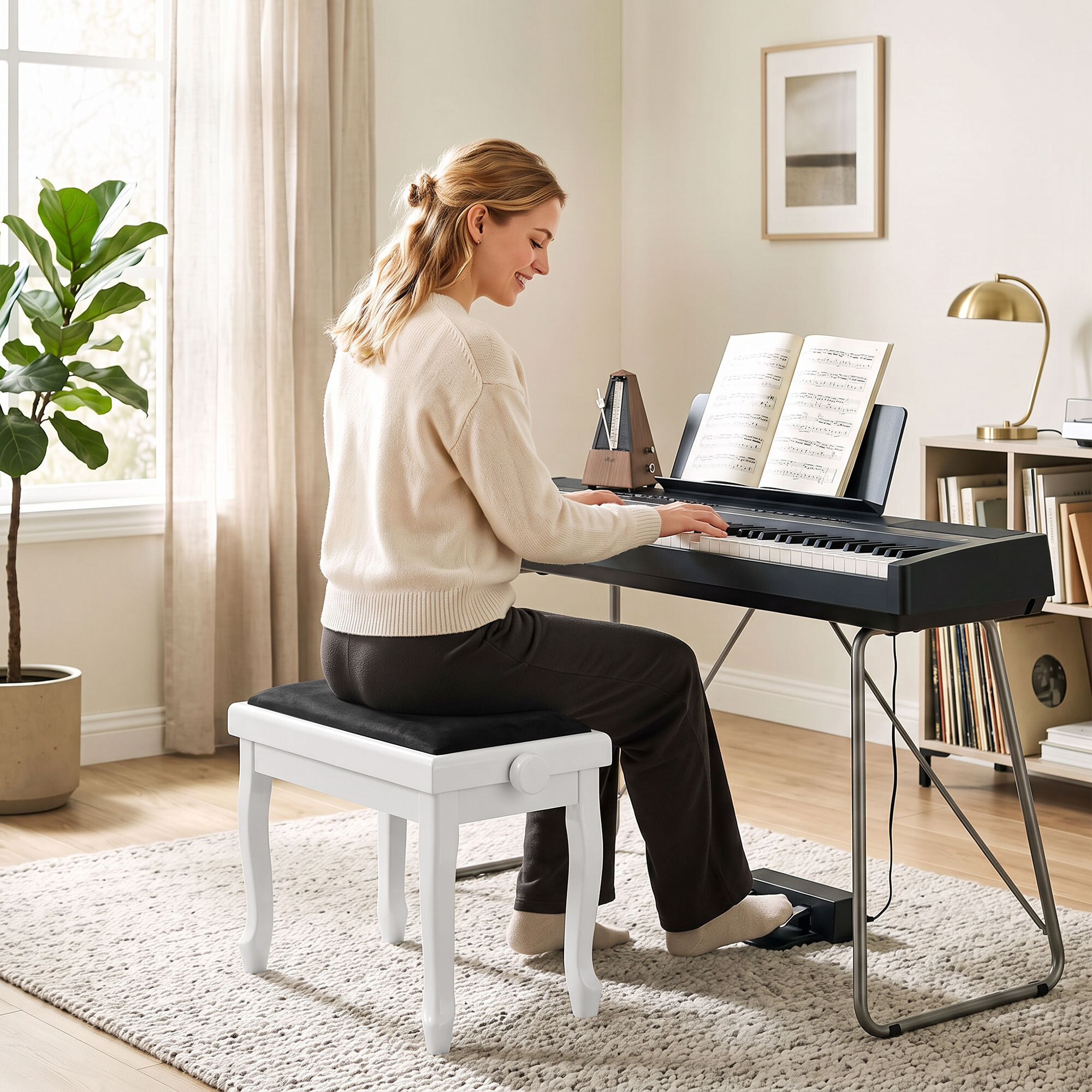 Banc de Piano, Tabouret Piano Réglable en Hauteur 45-56 cm, Siège Rembourré en Velours, Blanc