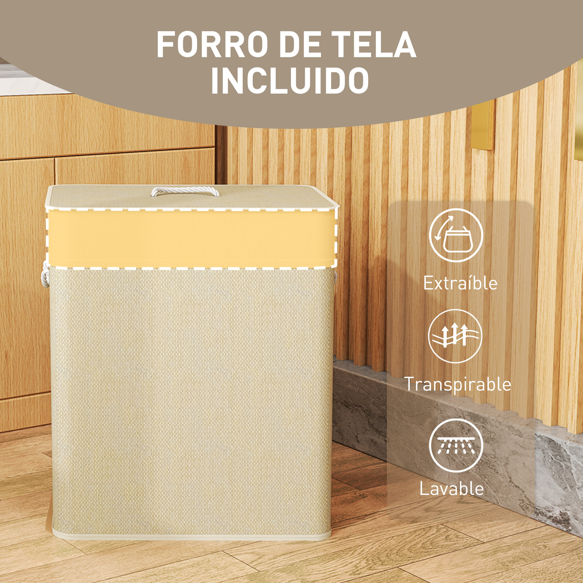Cesto de Ropa Sucia con Tapa 100L Cesta Colada de Bambú con 2 Compartimentos Bolsa Interior Extraíble para Lavandería Dormitorio 52x32x63 cm Natural