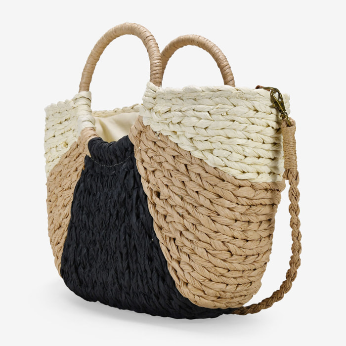 Bolso de mano rafia negro y tostado
