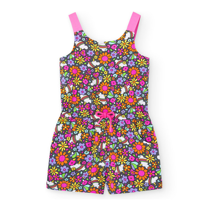 Mono niña, algodón estampado, nubes, naranja, tirantes