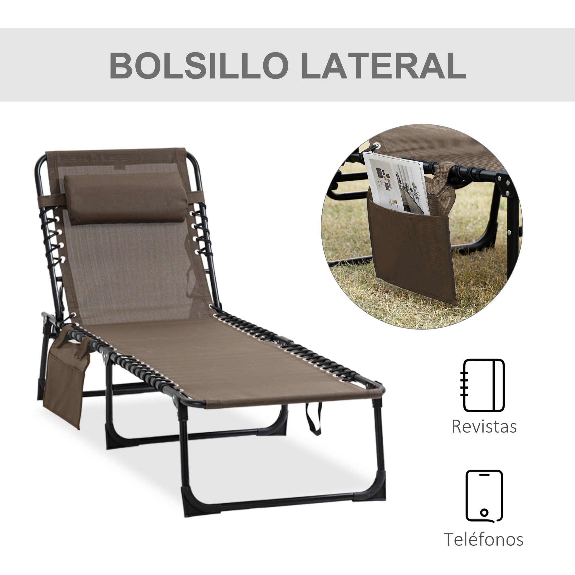 Tumbona Plegable, Tumbona Jardín Exterior Reclinable 5 Posiciones, con Reposacabezas Acolchado, Bolsillo Lateral y Estructura de Acero, para Terraza, Piscina, 189x58x30 cm, Marrón