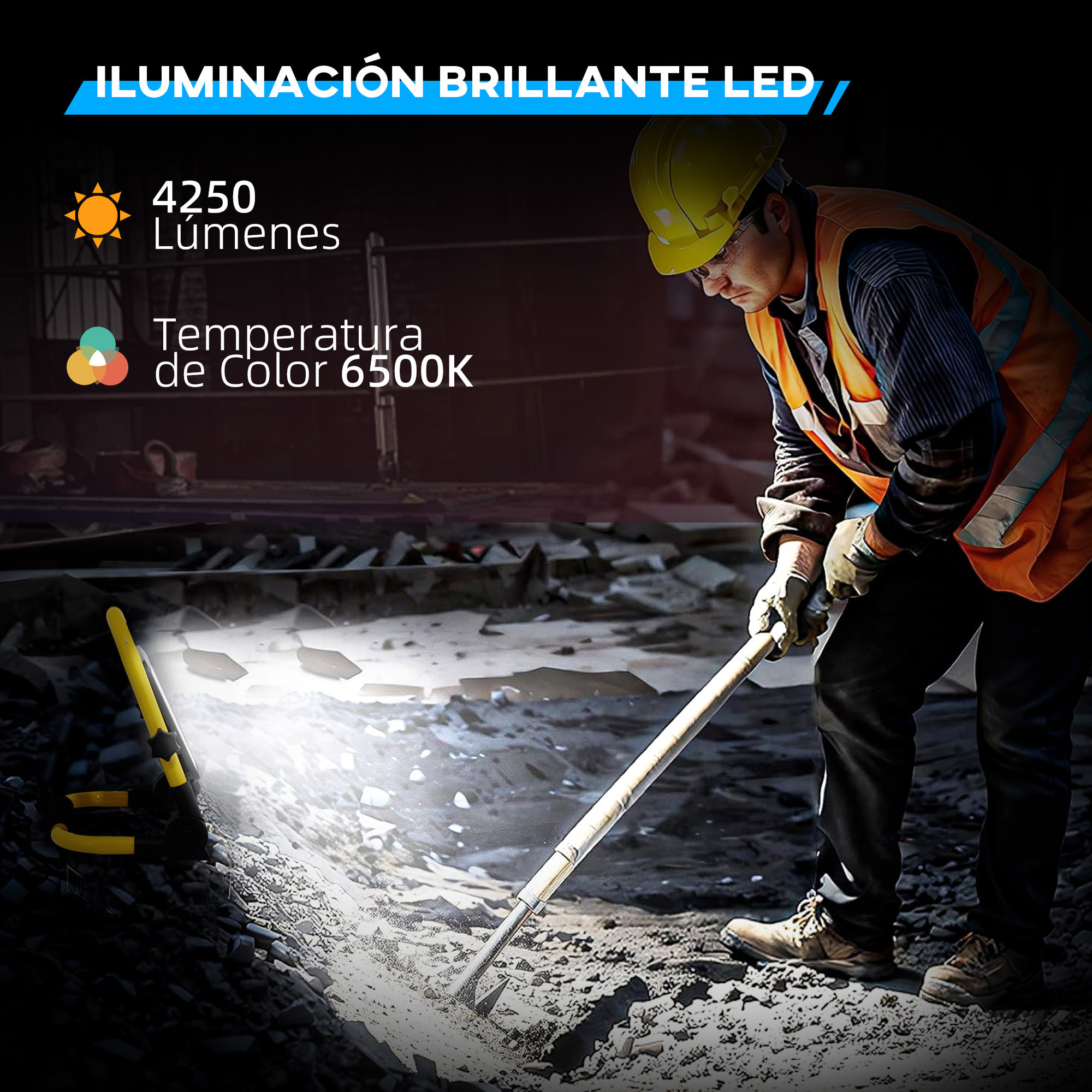 Foco LED con Cabezas y Soporte Ajustables 50€¯W 4250 Lúmenes IP65 6500K Foco Proyector Led Resistente a la Intemperie Portátil con Asa para Interior y Exterior Amarillo y Negro