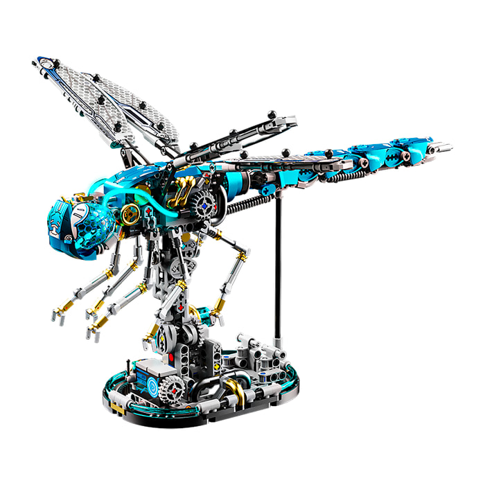 Maqueta 3D mecanizada de libélula con 866 piezas, equipada con luces y mecanismo de manivela que permite movimiento dinámico.