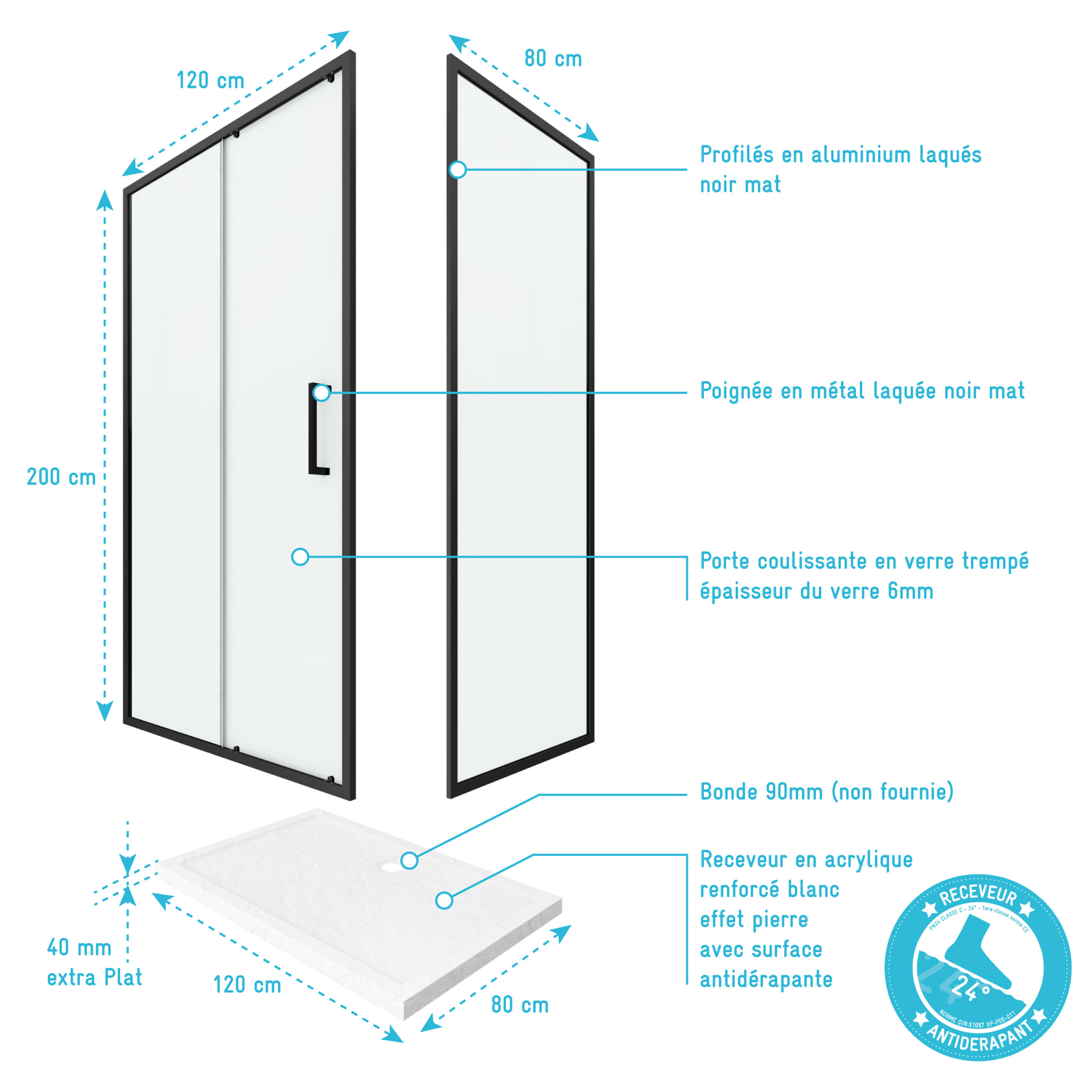PACK PAROI PORTE DE DOUCHE + PAROI RETOUR + RECEVEUR A POSER - 120x80 COULISSANTE -CRUSH MOON 120x80