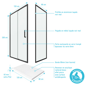 PACK PAROI PORTE DE DOUCHE + PAROI RETOUR + RECEVEUR A POSER - 120x80 COULISSANTE -CRUSH MOON 120x80
