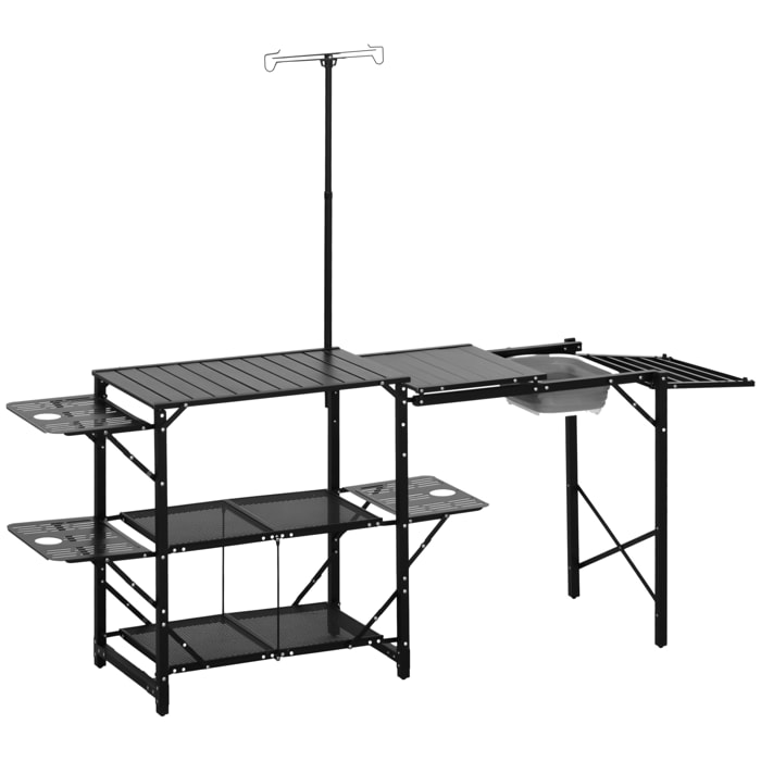Mesa de Cocina de Camping de 3 Niveles Mesa de Camping Plegable Portátil con Estantes de Almacenaje Fregadero Soporte para Lámpara y Bolsa de Transporte para Exterior 173x52x80-174 cm Negro