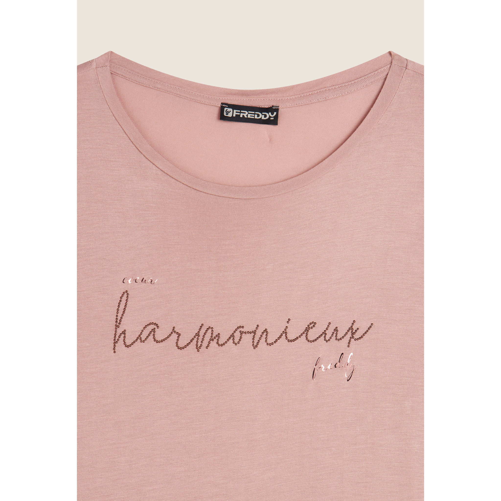 T-shirt donna in jersey viscosa scritta composta da borchie