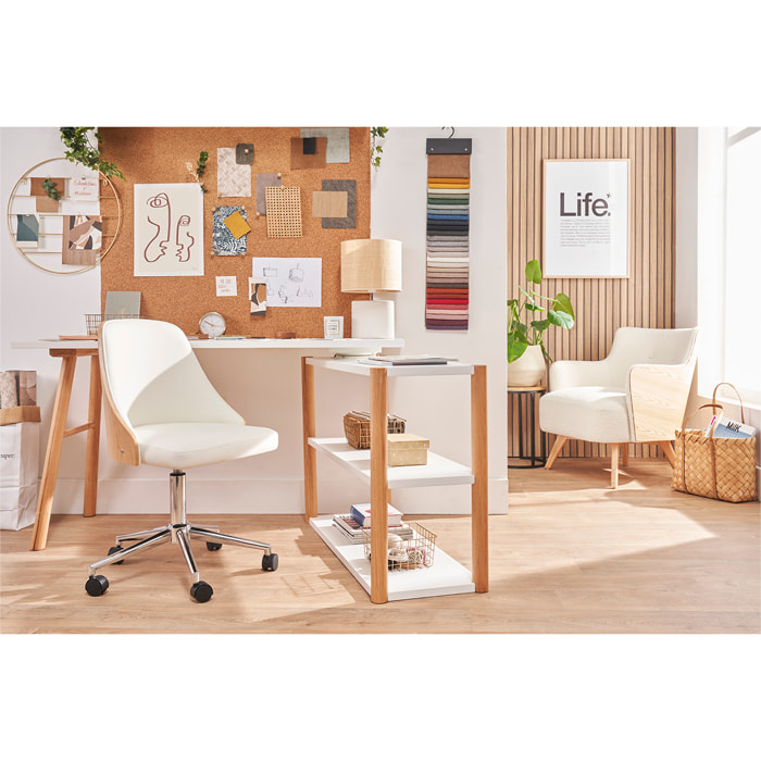 Chaise de bureau à roulettes design blanc, bois clair et acier chromé QUINO