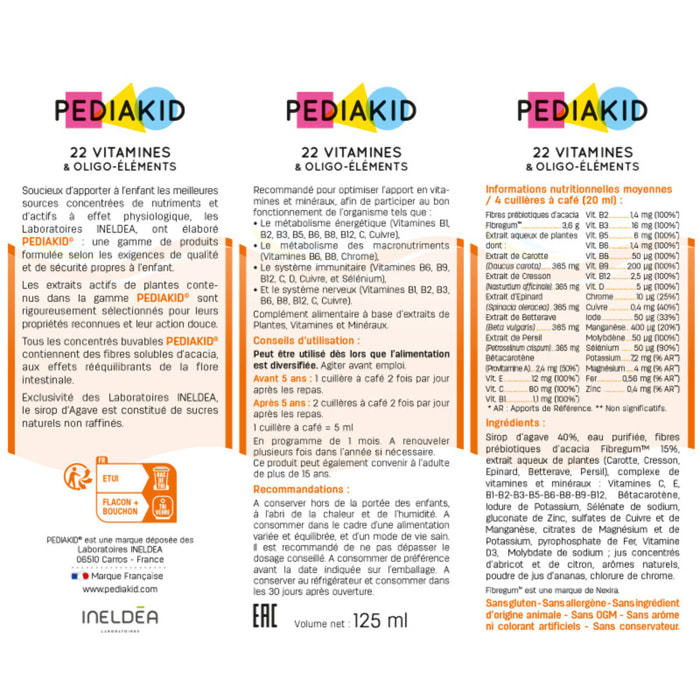 PEDIAKID - 22 Vitamines et Oligo-Éléments - Complément Alimentaire Naturel - Formule Exclusive au Sirop d'Agave - Optimise les Apports en Vitamines et Minéraux - Lot de 2 flacons 125ml