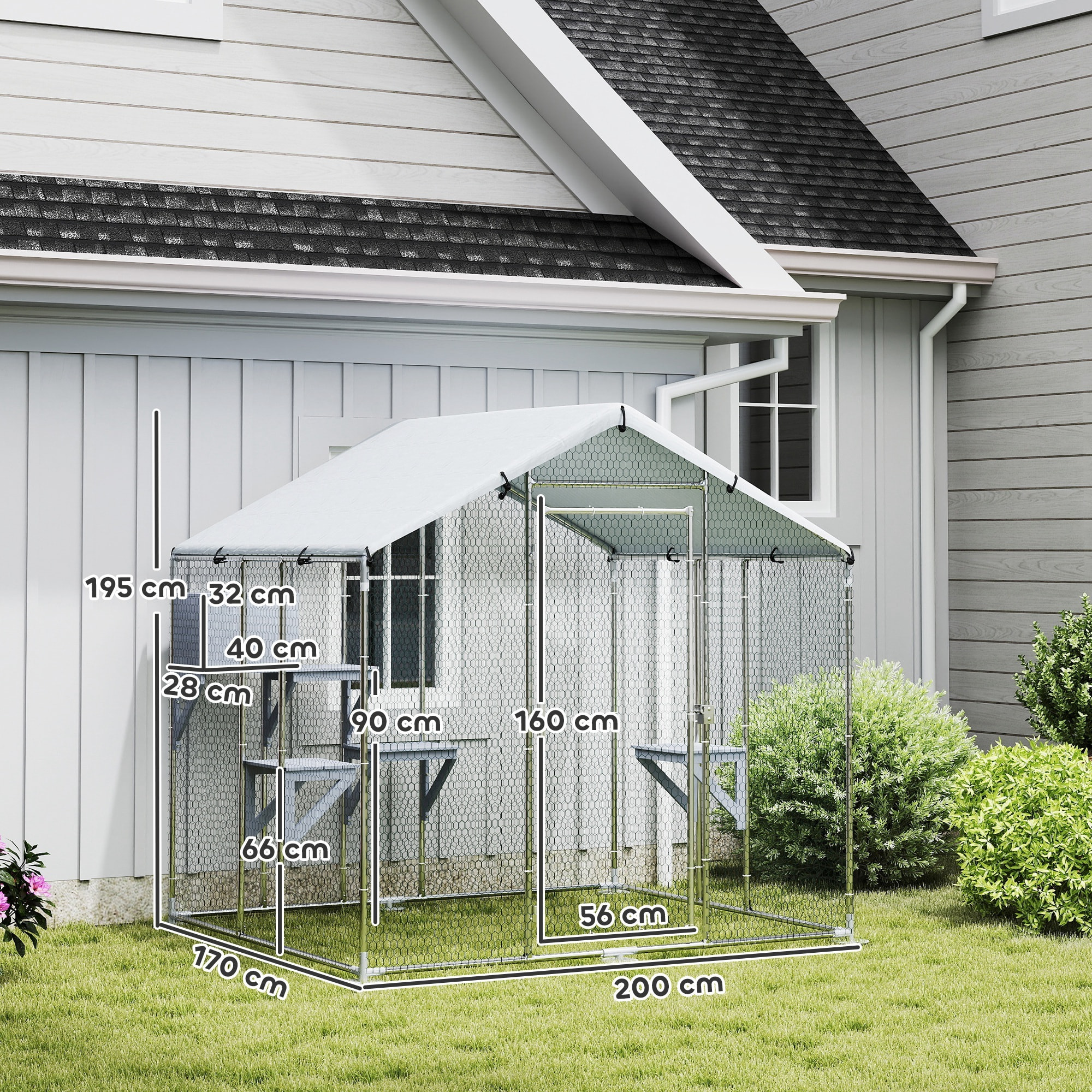 Jaula para Gatos para Exterior Recinto para Gatos con Cubierta Impermeable 420D Plataformas y Condominio para 5 Gatos Refugio para Pollos Conejos 200x170x195 cm Plata