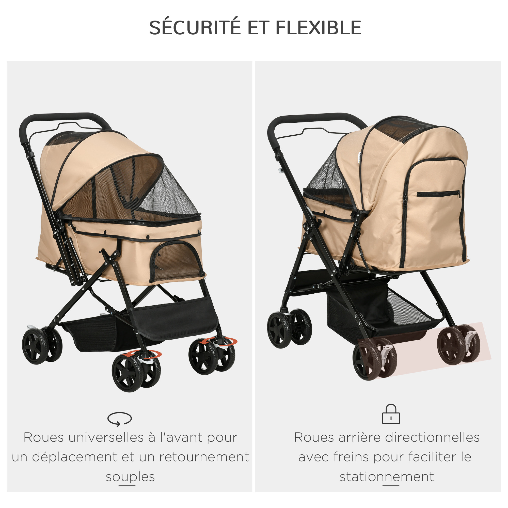 Poussette buggy pliable chien chat panier et sac de rangement attaches sécurité housse réglable poignée réglable acier Oxford beige