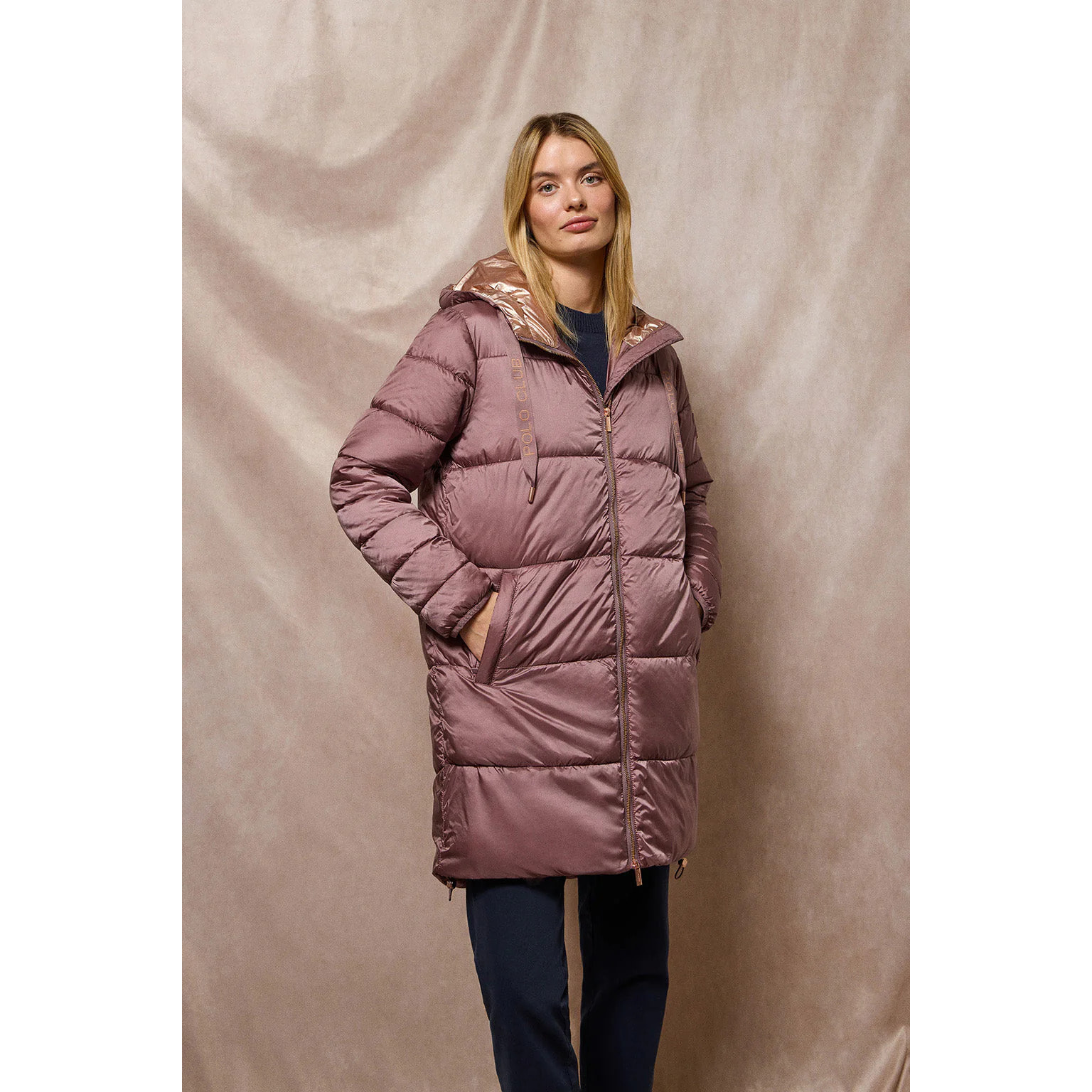 Giacca rosa tortora Rose lunga e trapuntata con cappuccio fisso e particolari Polo Club