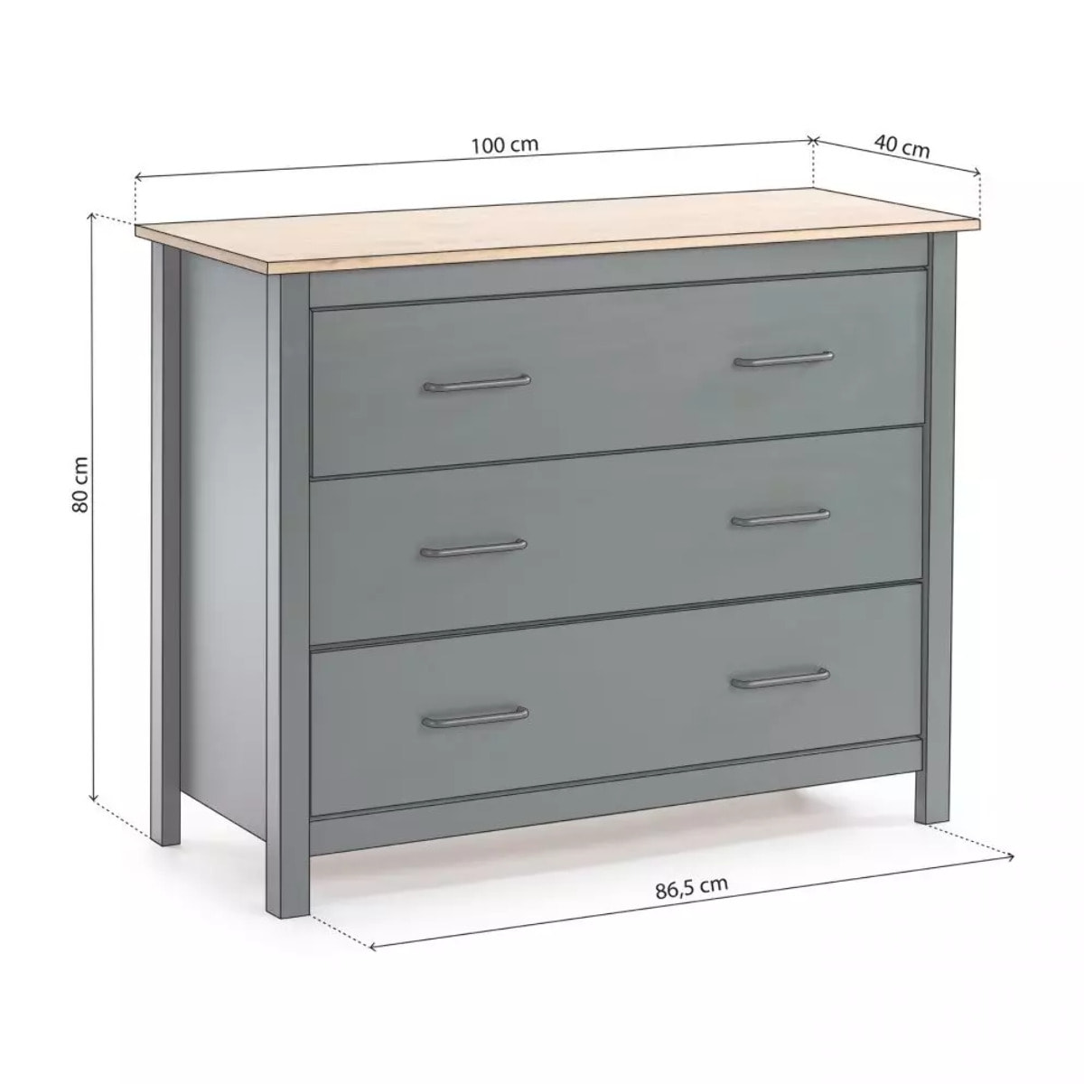 Cómoda de 3 cajones resistente y funcional en green moss y oak 100x80 cm Eira Green Moss - Oak