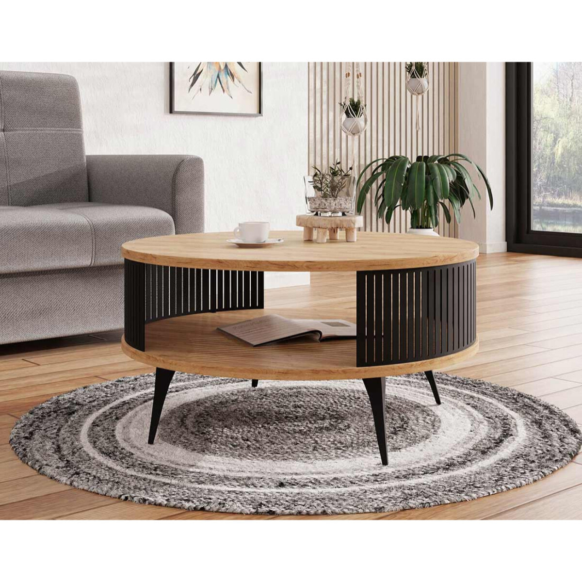 Forini - table basse ronde - aspect chêne naturel et noir - 1 niche - 75 cm - Noir / Bois