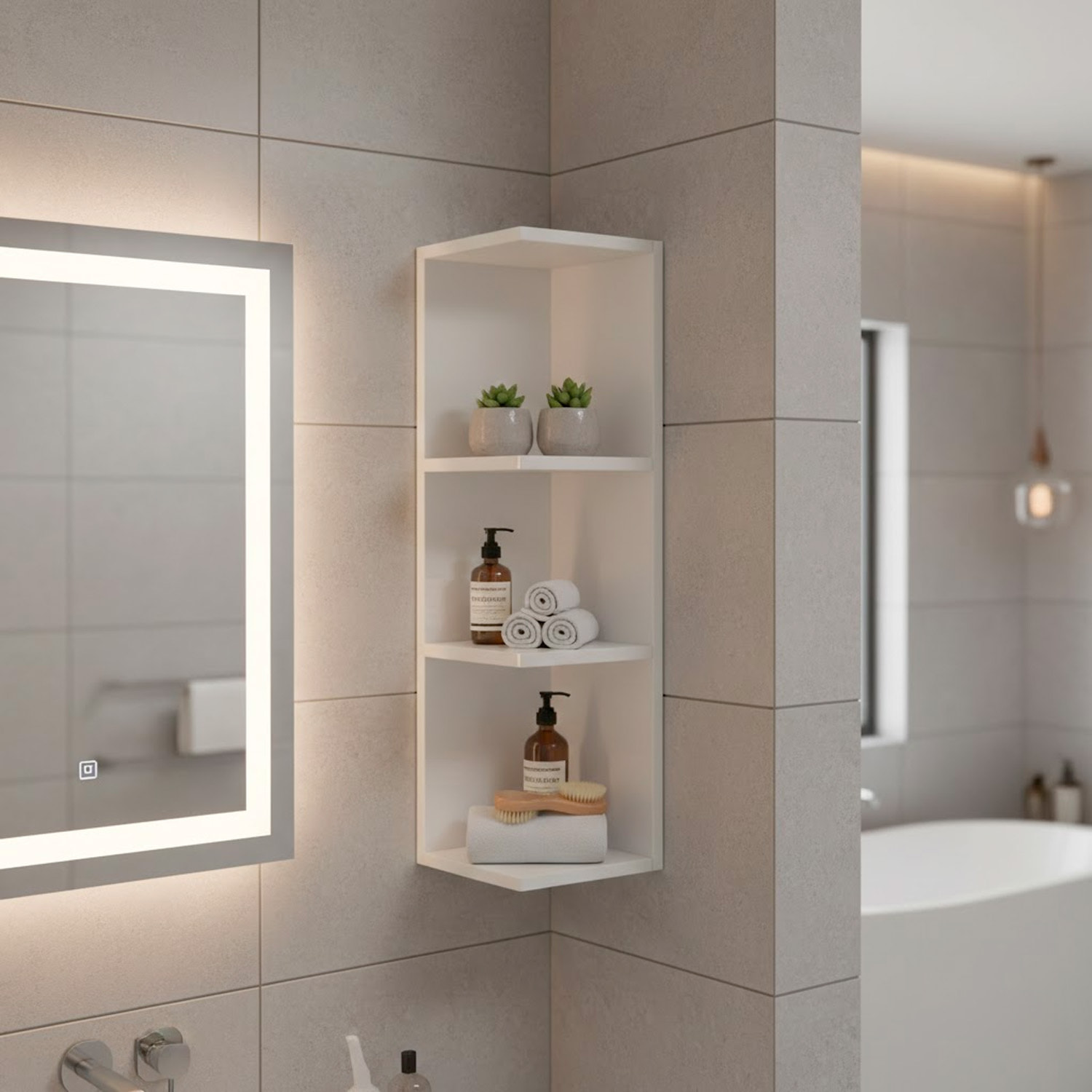 Modulo Angolare Bagno Sospeso Con 3 Ripiani Mobile Salvaspazio Mobiletto Da Parete Per Organizzare Accessori 65 x 20 x 19.5 Cm Bianco Lucido