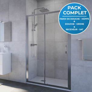 Pack douche : Porte coulissante 120cm + Colonne de douche avec mitigeur thermostatique Grohe + Receveur 120x80cm Blanc