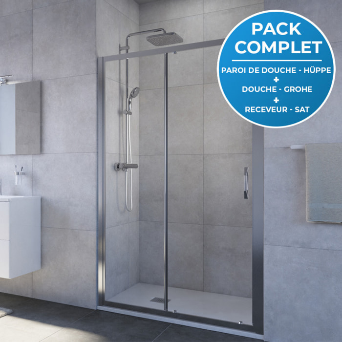 Pack douche : Porte coulissante 120cm + Colonne de douche avec mitigeur thermostatique Grohe + Receveur 120x80cm Blanc