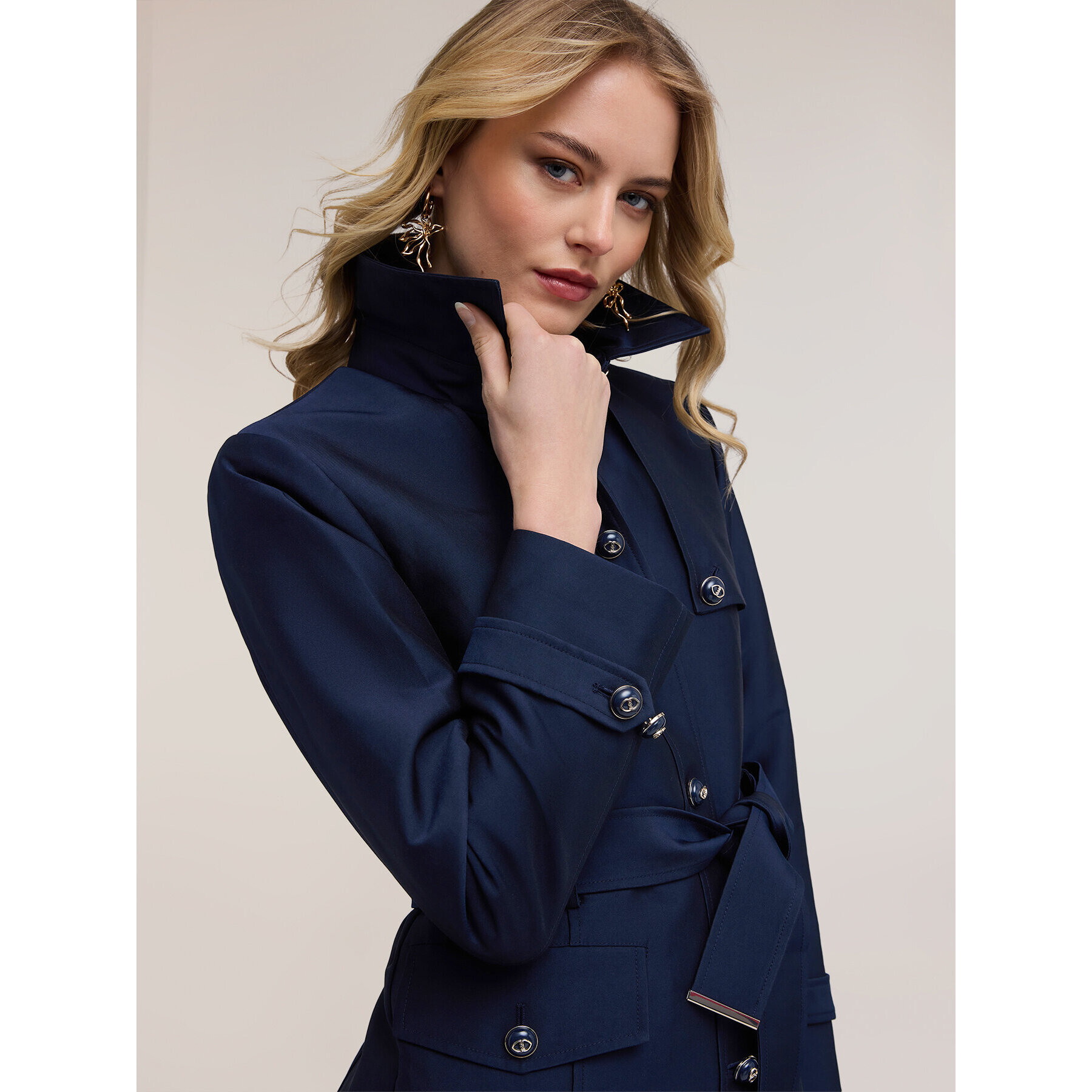 Motivi - Trench in misto cotone con cintura - Blu