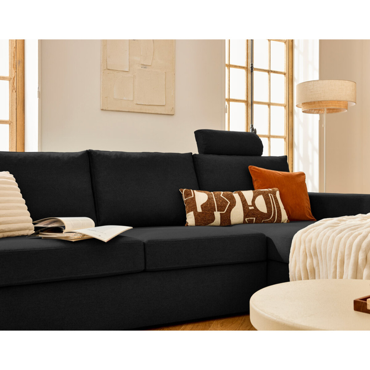 Barrie - canapé d'angle réversible 4 places avec têtière amovible en tissu - Noir