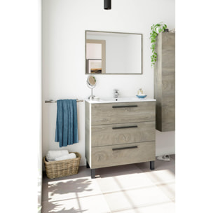 Mobile sottolavabo Palmdale, Mobiletto per bagno, Armadio a 3 cassetti e specchio, lavabo non incluso, cm 80x45h86, Quercia