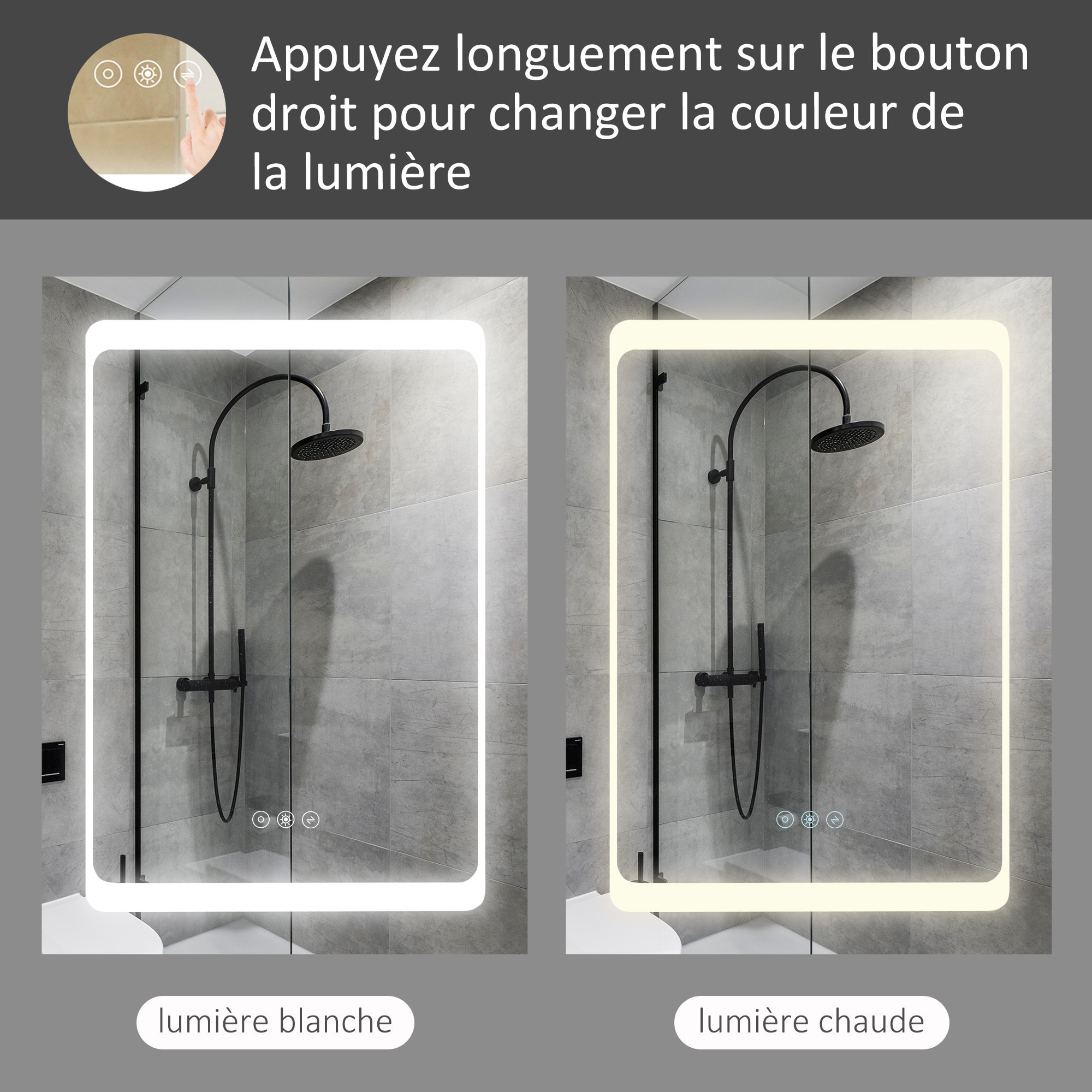 Armoire murale miroir lumineux LED 2 en 1 - 3 étagères - lumière réglable, interrupteur tactile - dim. 50L x 12,5P x 70H cm - acier inox.