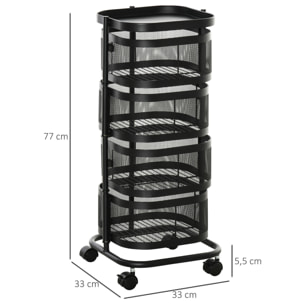 Carrito Auxiliar con Ruedas de 5 Niveles, Carrito de Cocina con 4 Cestas de Almacenamiento Giratorias 270° y Bandeja Superior, para Frutas, Verduras, Utensilios, 33x33x77 cm, Negro