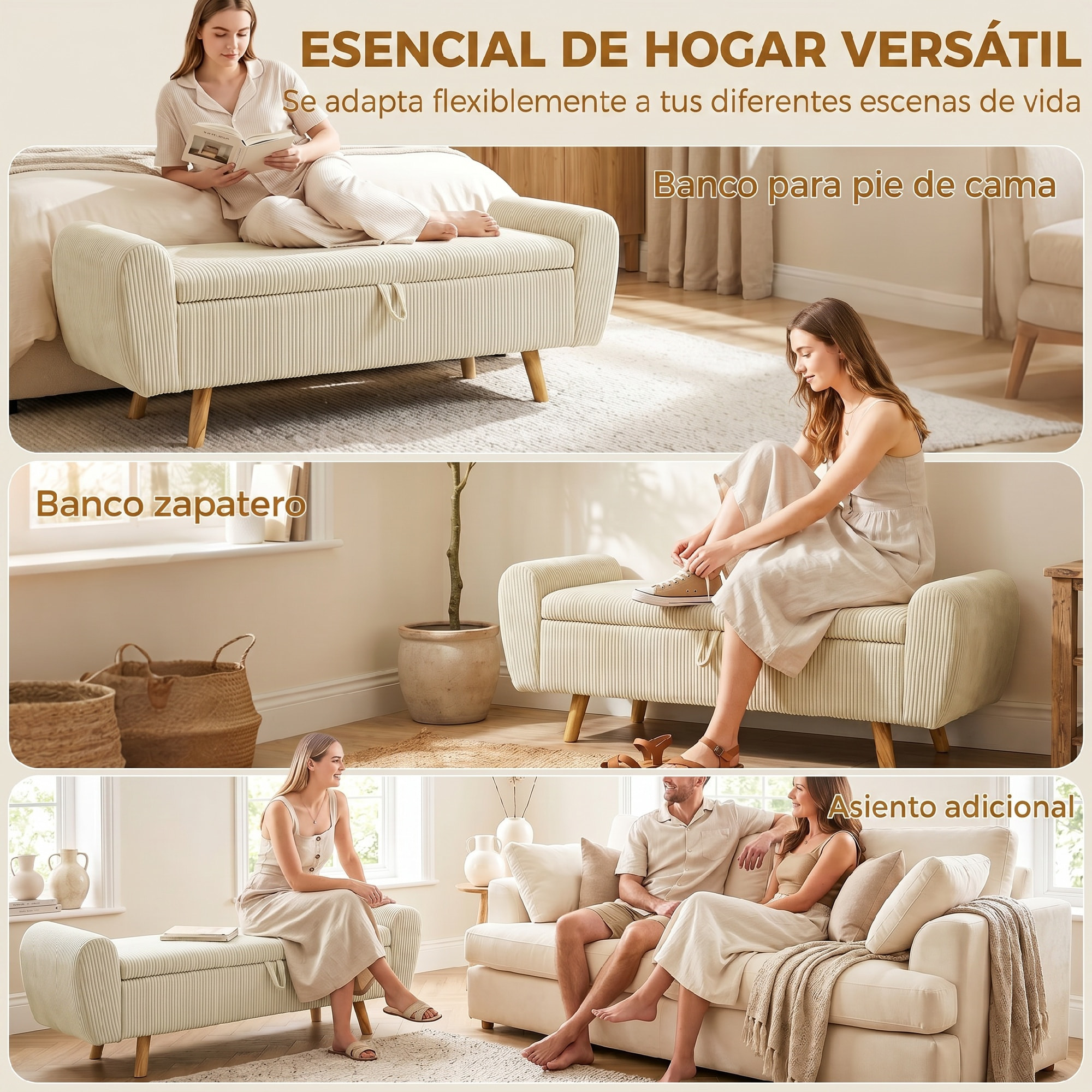 Banco Almacenaje 150 cm, Puff Almacenaje Tapizado en Pana, Banco Pie de Cama con Brazos Redondeados y Patas de Madera, Otomana para Dormitorio, Salón, Recibidor, Beige