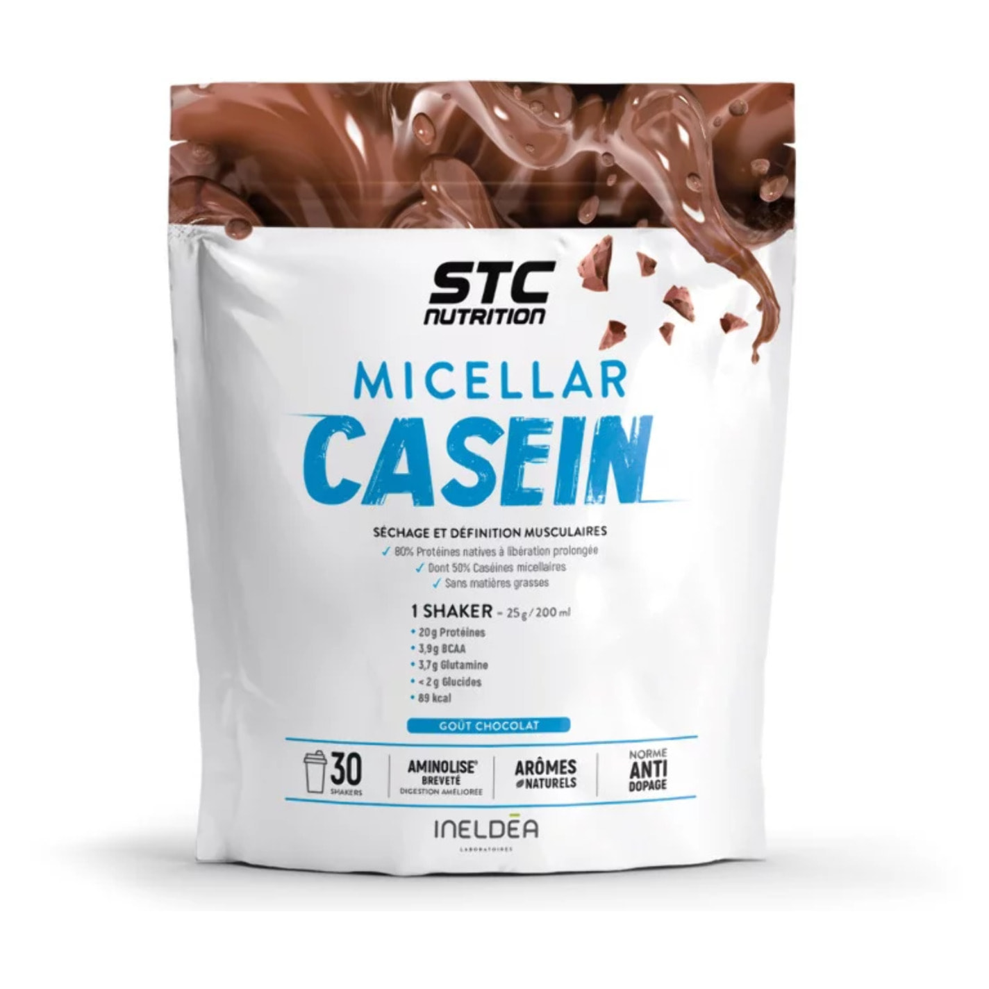 STC NUTRITION – Micellar Casein – Protéines Natives – Développement Muscle Sec – Innovation Brevetée Aminolise 100% Digeste - Sans Colorants, Sans Gluten – Goût Chocolat - 25 Shakers – Doypack 750g - Chocolat