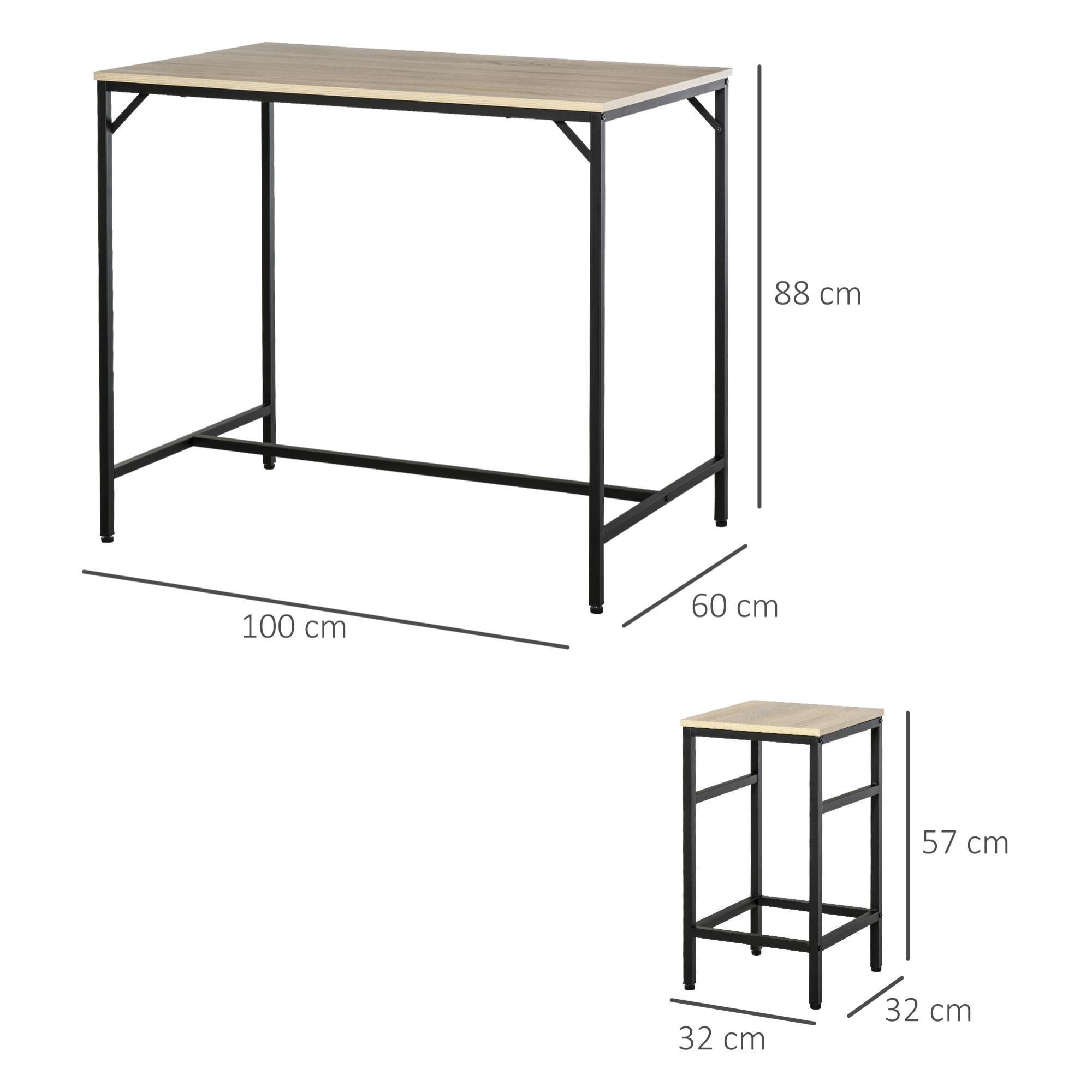 HOMCOM Set de Mesa de Bar y 4 Taburetes 5 Piezas con Reposapiés Juego de Muebles Altas con Mesa de 100x60x88 cm y Taburetes de 32x32x57 cm para Comedor Cocina Negro y Roble