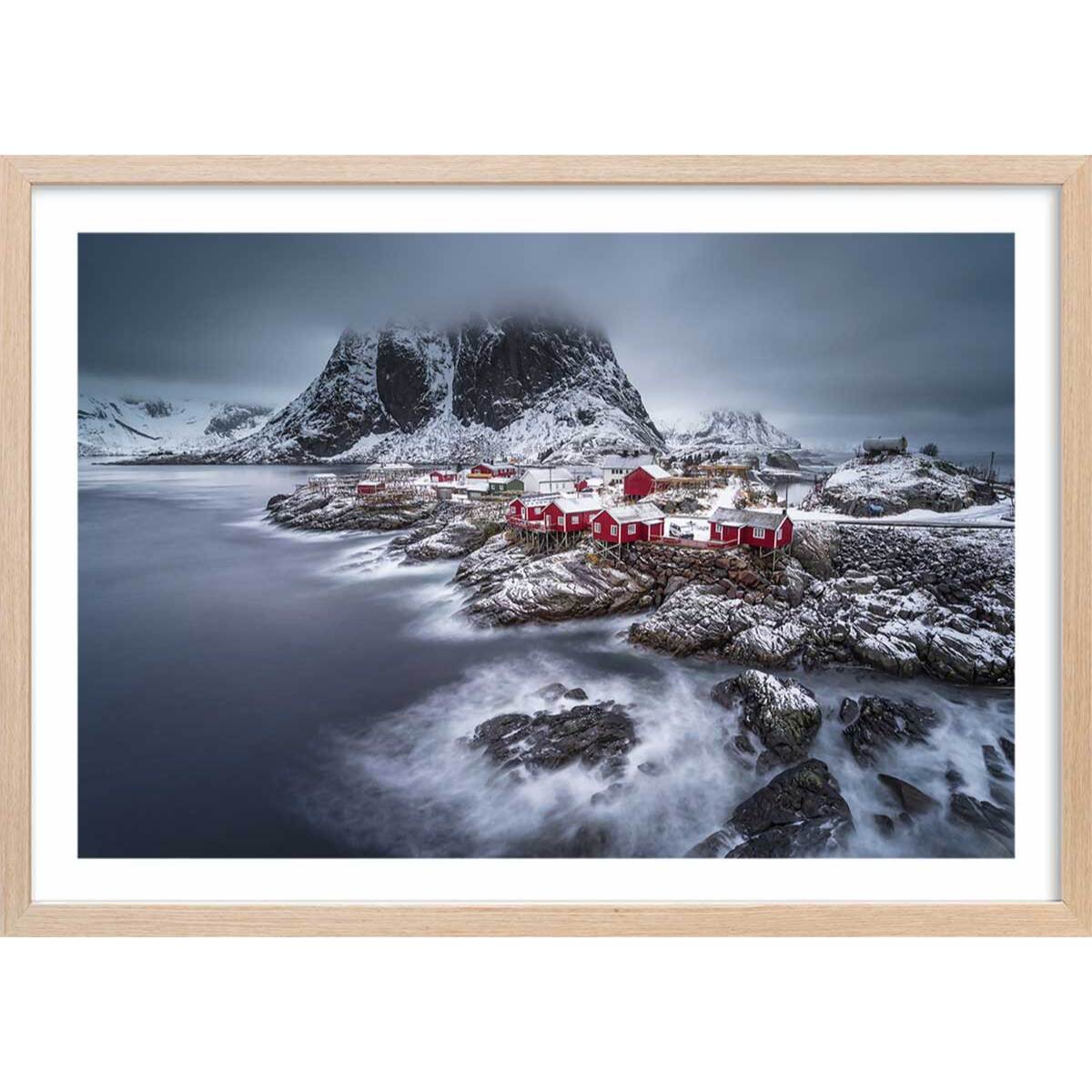 Affiche paysage hiver magique aux lofoten Affiche + cadre en bois - Chêne