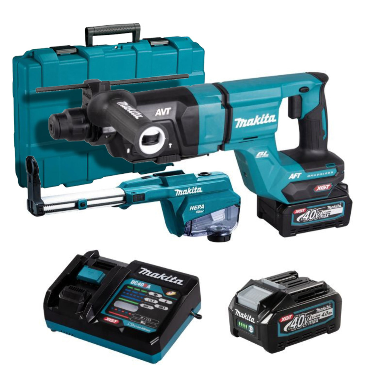 Taladro percutor SDS-PLUS 40V max Li-Ion - 28 mm XGT con kit de aspiración - MAKITA - con 2 baterías 40V 4.0Ah - cargador - caja - HR007GM202