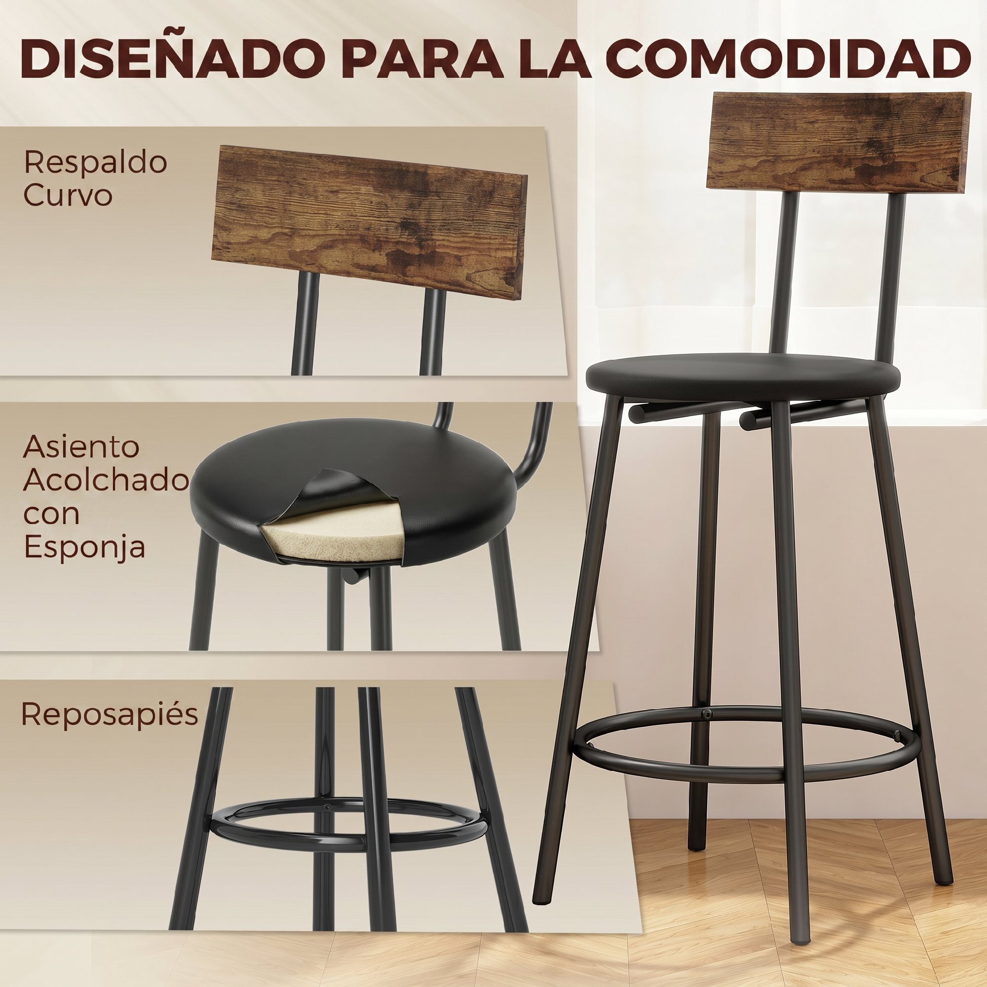 Juego de 2 Taburetes de Bar, Taburetes Altos de Cocina con Respaldo y Reposapiés, Tapizados en PU, Marco Metálico, Asiento de 60 cm de Altura, Negro