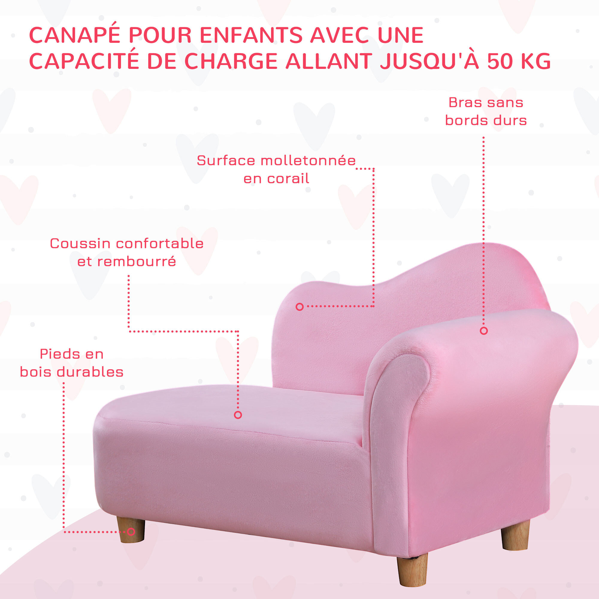 Méridienne canapé enfant design girly piètement bois revêtement grande douceur toucher velours rose