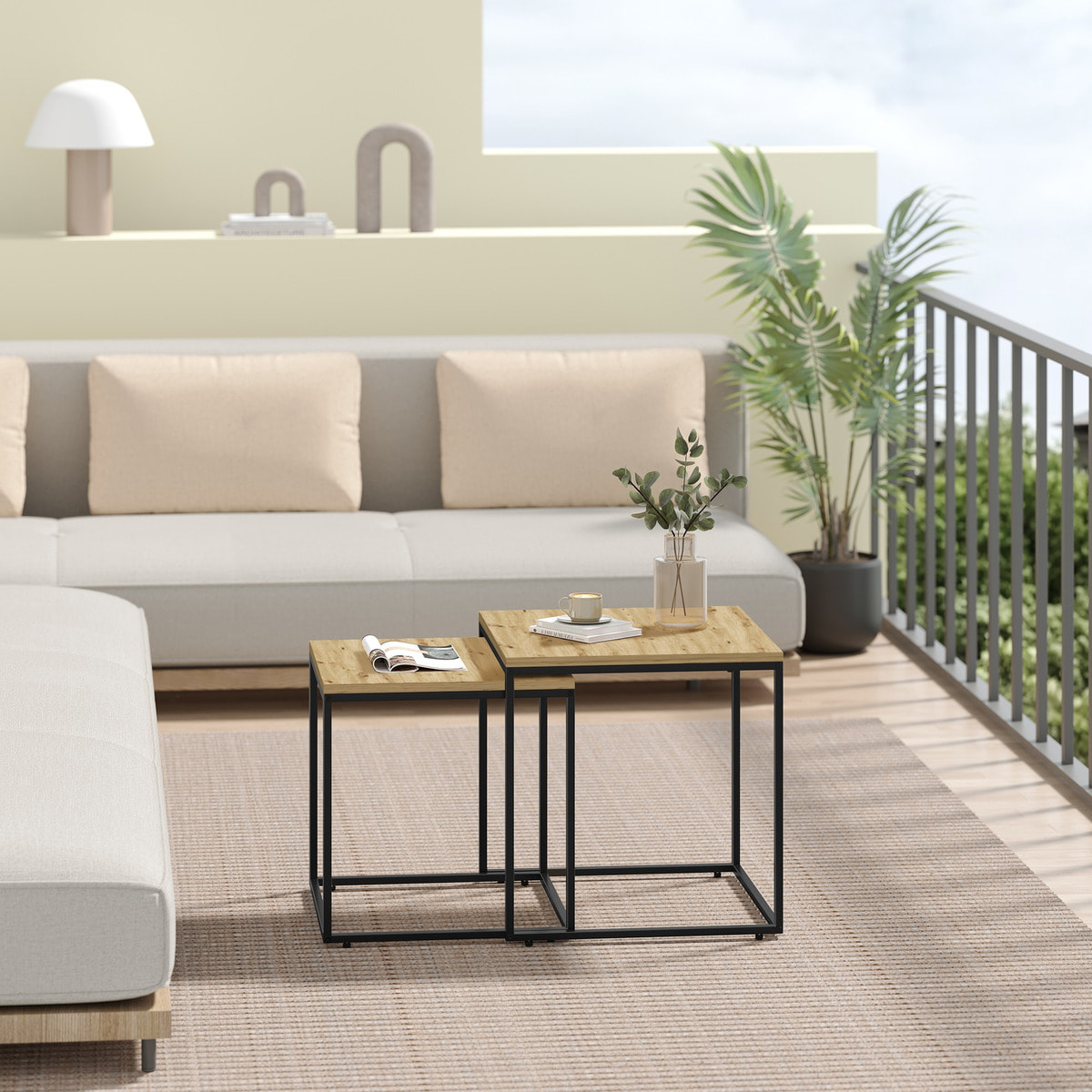 Set di 2 tavolini da salotto Nesting rovere e metallo nero