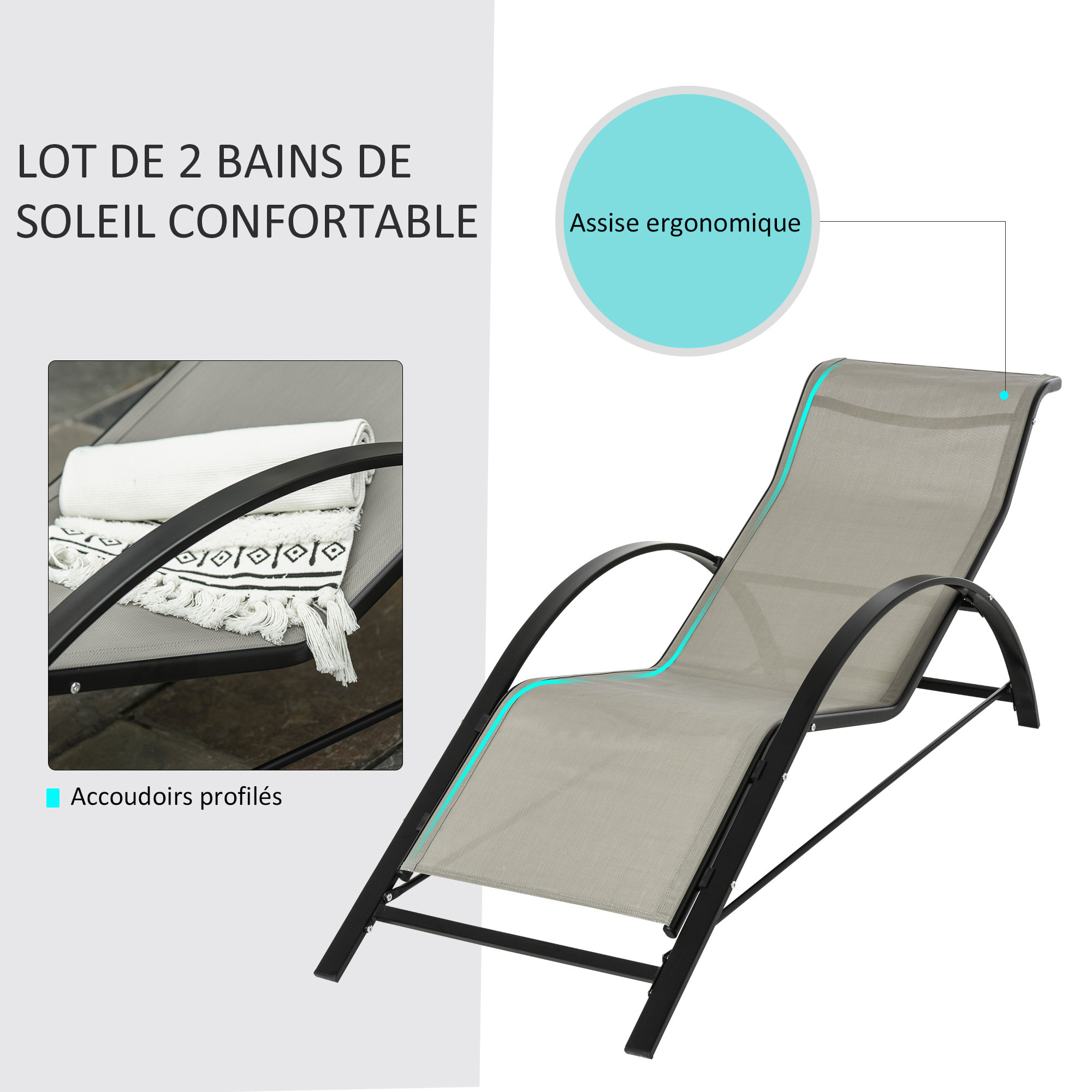 Lot de 2 bains de soleil – Design contemporain – Table incluse