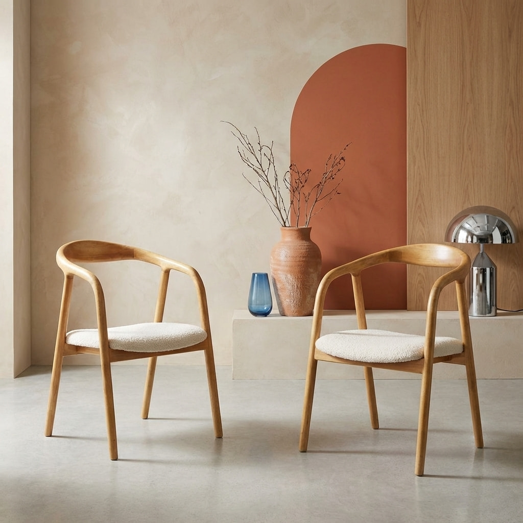 Fauteuil bois d'hévéa et bouclette (lot de 2) SARA